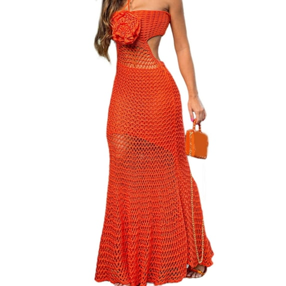 Halterneck Knitted Beach Coverup Dress with Adjustable Back Tie Sleeveless Full Length Crochet Beach Swimwears Coverup