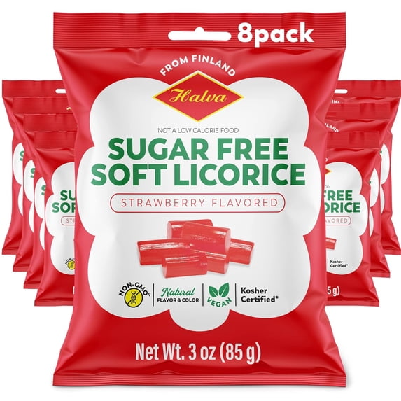 Halva Sugar-Free Soft Licorice Strawberry Flavored, 3 Oz Bag(PACK OF 8)
