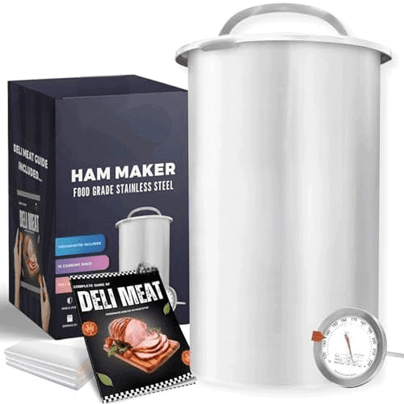 Ham Maker - Deli Meat Press Mold for Deli Meats - Stainless Steel Homemade Lunch Sandwich Meat Maker with Upgraded Thermometer - Complete Deli Meat Guide Book with Recipes 10 Cooking Bags