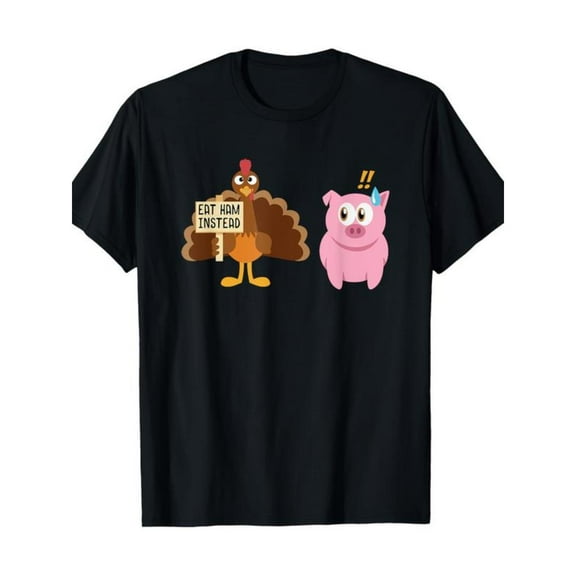 Ham Themed Turkey &Pig Humor T-Shirt for Men, Graphic Tees, Funny Animal Tops for Daily Wear,Causal,cotton,black,S-5XL