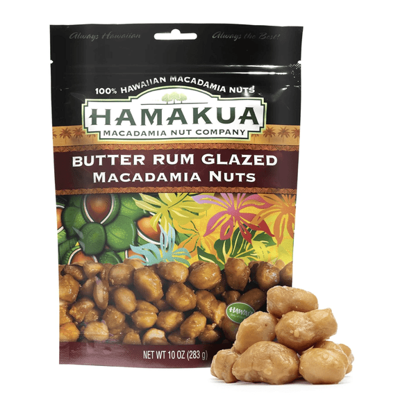 Hamakua Macadamia Nuts - Sweet Glazed Butter Rum - Hawaiian Grown Flavored Dry Roasted Half and Whole Macadamias - Natural Eco-Friendly Large Macadamia Nuts