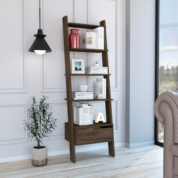 Hamburg Ladder Bookcase, Five Open Shelves, One Drawer Dark Walnut