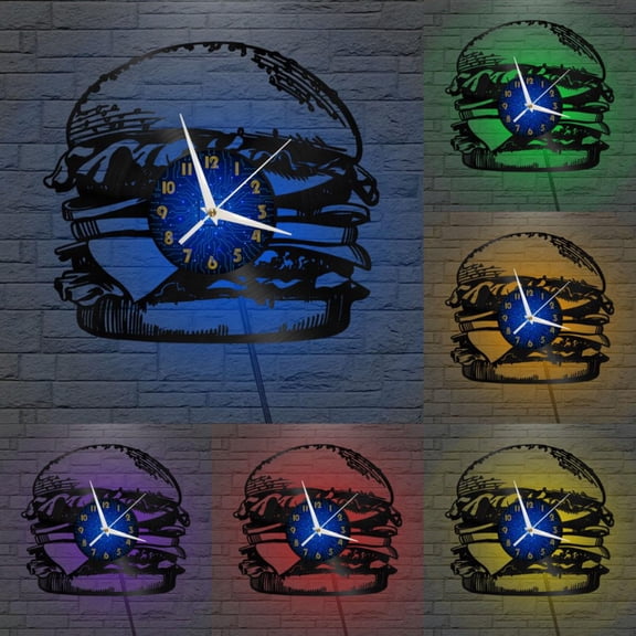 Hamburger 2 12 Inch Vinyl Record Wall Clock - Silent, Creative, and Unique Clock for Living Room, Entryway, or Bedroom Decor - Perfect Gift Idea(12 inchs B with LED)