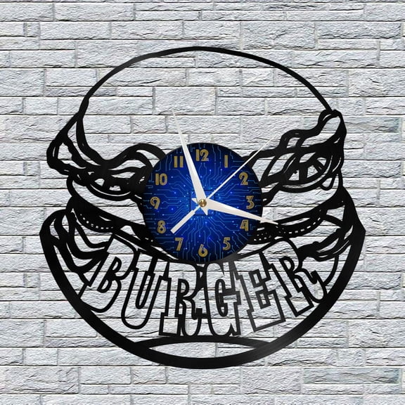 Hamburger 3 12 Inch Vinyl Record Wall Clock - Silent, Creative, and Unique Clock for Living Room, Entryway, or Bedroom Decor - Perfect Gift Idea(12 inchs B without LED)