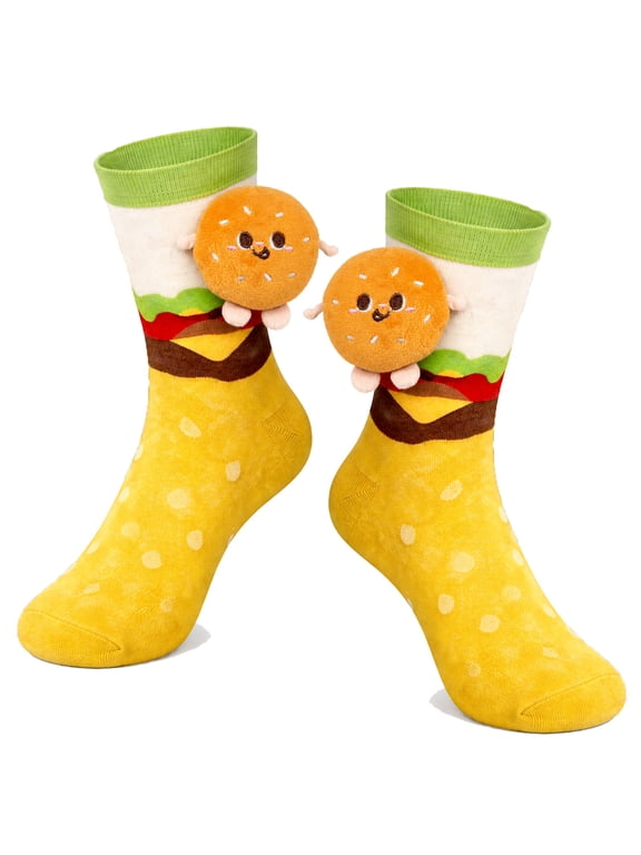 Hamburger 3D Cotton Novelty Crew Socks, Silly & Funny Cotton Food Themed Stocking Stuffers, Crazy Birthday Christmas Gifts for Men and Women, 1 Pair