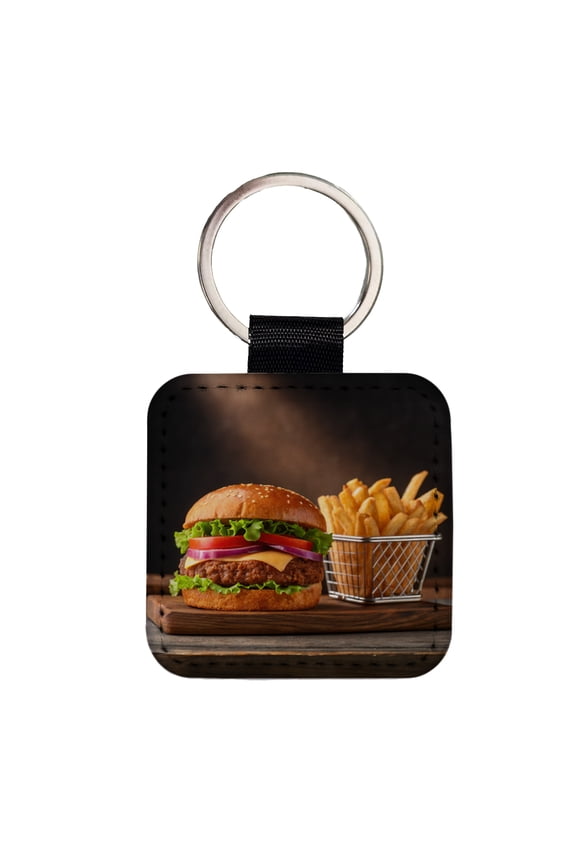Hamburger And Fries Yummy Dinner Faux Leather Square Keychain