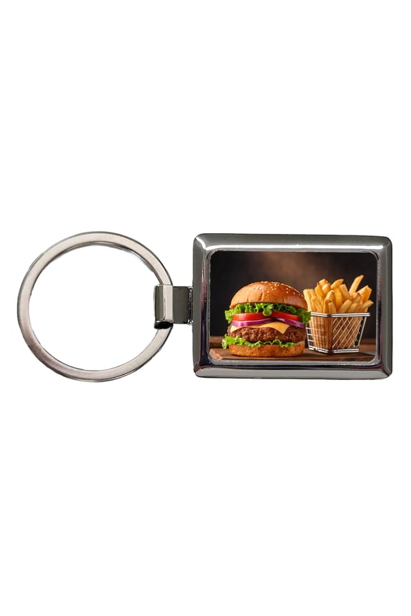Hamburger And Fries Yummy Dinner Metal Rectangle Keychain