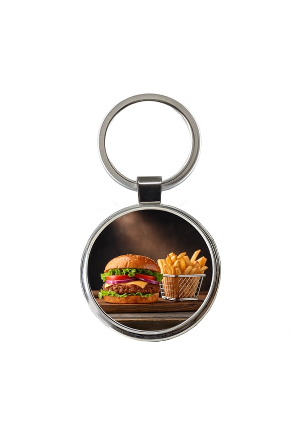 Hamburger And Fries Yummy Dinner Metal Round Keychain