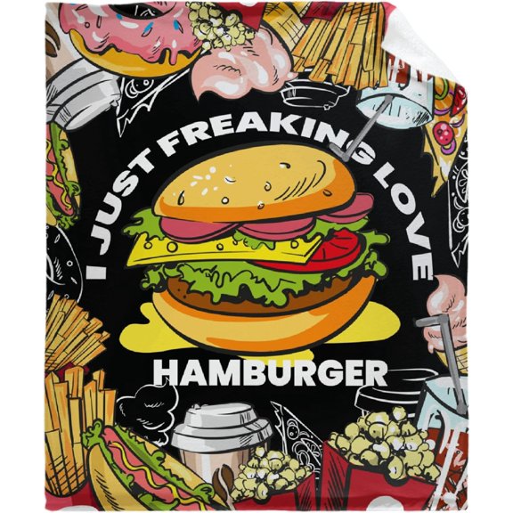 Hamburger Blanket, Funny Food Throw Blanket, I Just Freaking Love Hamburger, Good Gift for Girl Boy, Lightweight Super Soft, 60" x 50" for Teen