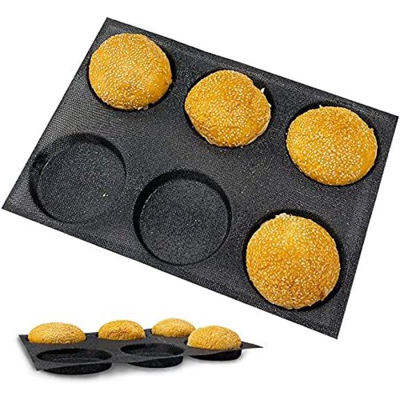 Hamburger Bun Pan, Mesh Silicone Hamburger Bun Mold, Non Stick Baking Pan for Making Buns, Great Perforated Bakery Molds for Gluten Free Buns(6 loaf, 15.55X11.02X0.78 inch)