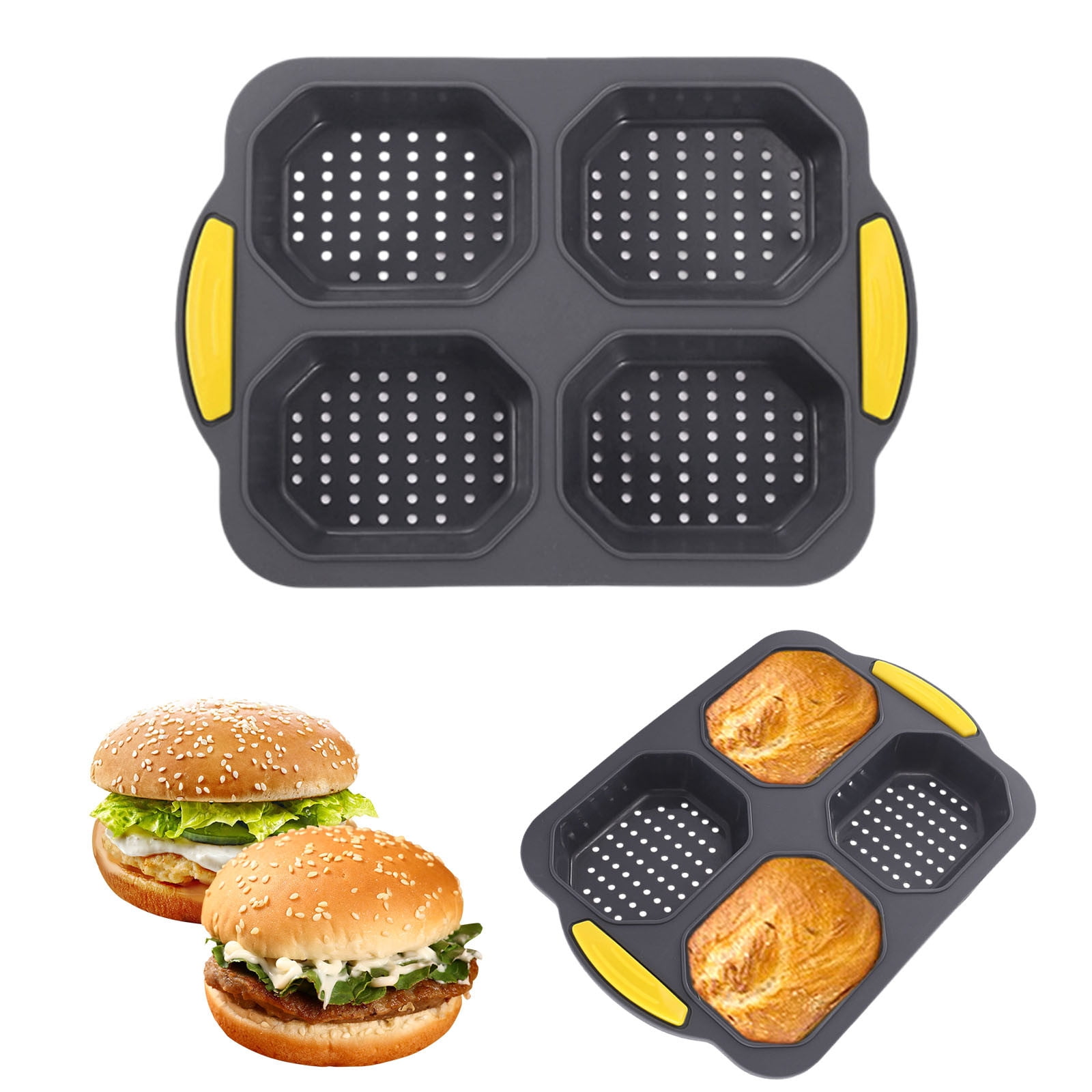 Hamburger Bun Pan,Non-Stick Food Grade Silicone Bread Loaf Pan,4 Cavity ...