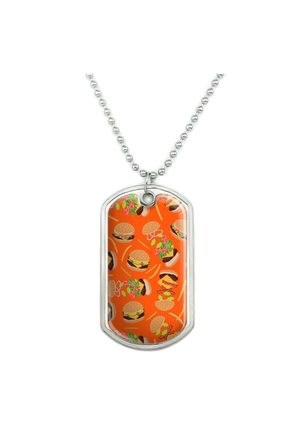Hamburger Cheeseburger Pattern with Fries and Bacon Military Dog Tag Pendant Necklace with Chain