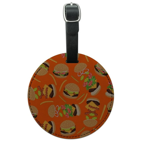 Hamburger Cheeseburger Pattern with Fries and Bacon Round Leather Luggage Card Suitcase Carry-On ID Tag