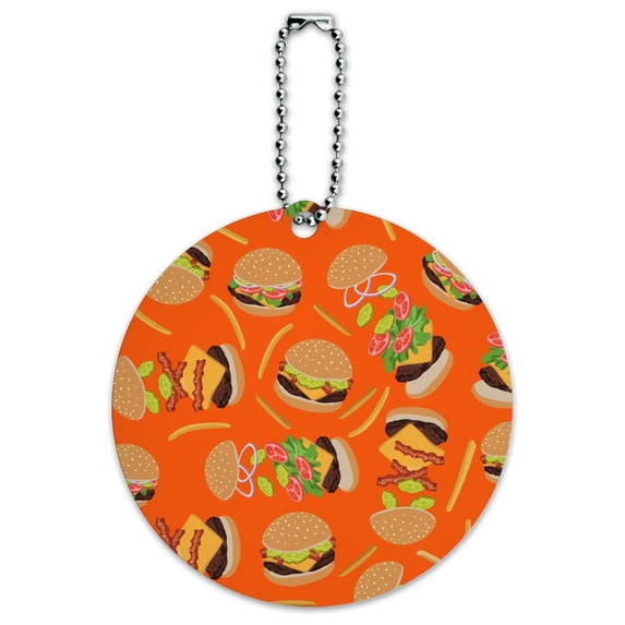Hamburger Cheeseburger Pattern with Fries and Bacon Round Luggage ID Tag Card Suitcase Carry-On