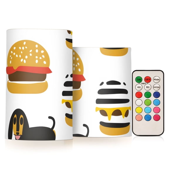 Hamburger French Fries Dog Flickering Flameless LED Candles set of 2 Battery Operated 18-Key Remotes Timer Halloween Fall Decor D3''xH4''5''