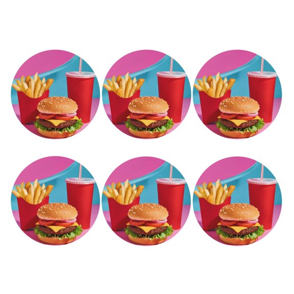 Hamburger Fries Cola Set of 6 Faux Leather 4 Inch Coasters Drinks Tabletop Home Dinning Round Shape