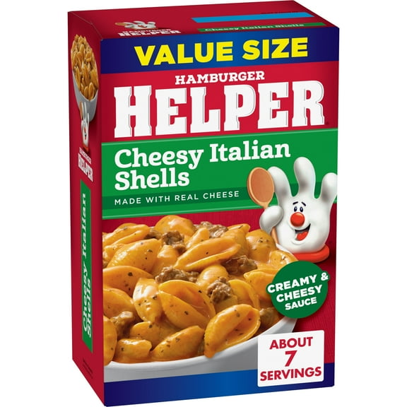 Hamburger Helper Pasta Cheesy Italian Shells Value Size, 9.9 Ounces Box.