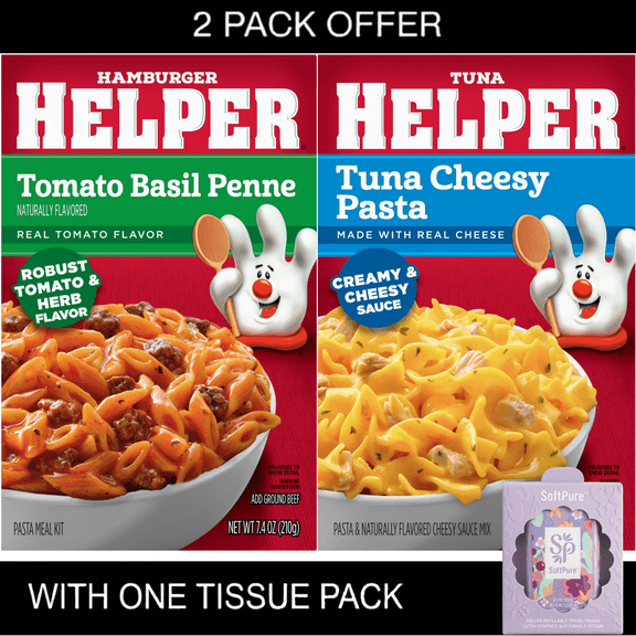 Hamburger Helper Pasta Tomato Basil Penne, 7.4 Ounces Box | Tuna Helper Tuna Cheesy Pasta with Real Cheese, 5.3 Ounces Box