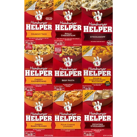 Hamburger Helper Variety Pack Of 9-Crunchy Taco, Philly Cheesesteak, Stroganoff, Cheesy Hashbrowns,Beef Pasta, Double Cheeseburger Mac, Cheesy Ranch Burger, 4 Chs Lasagna (9 Pack)