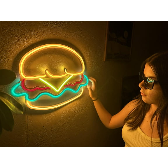 Hamburger Metal Neon Sign, Food Neon Sign, Fast Food Neon Decor, Restaurant Neon Sign, Burger Restaurant Led Neon Sign, Cheeseburger Led Neon Sign (Without Remote Control)