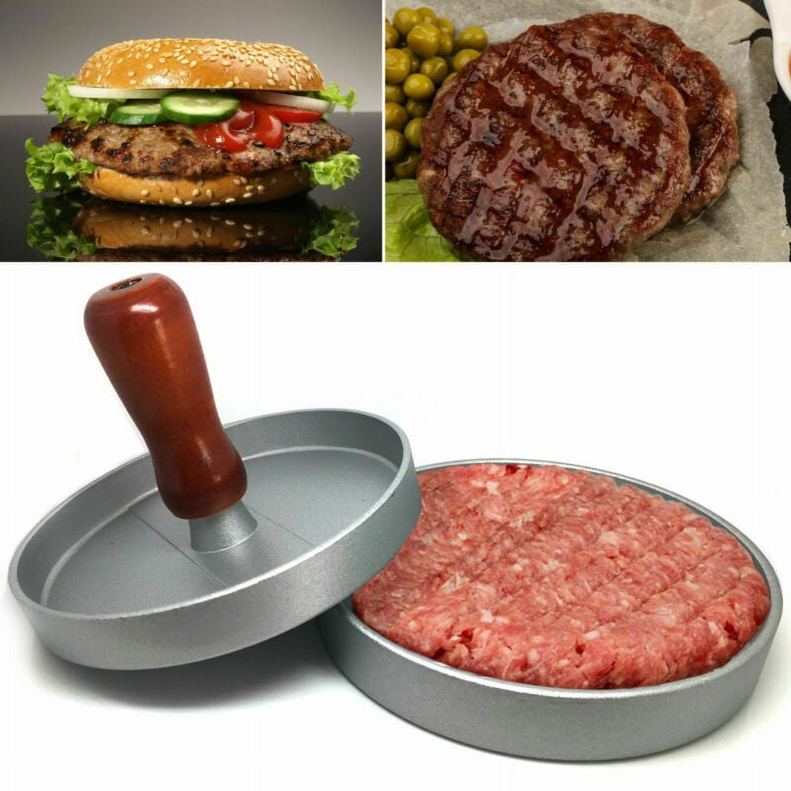 Double Burger Press Patty Maker With Wood Handle – Non-Stick Round Burger Mold For Beef, Chicken, Veggie Patties (Aluminum, Easy Release)