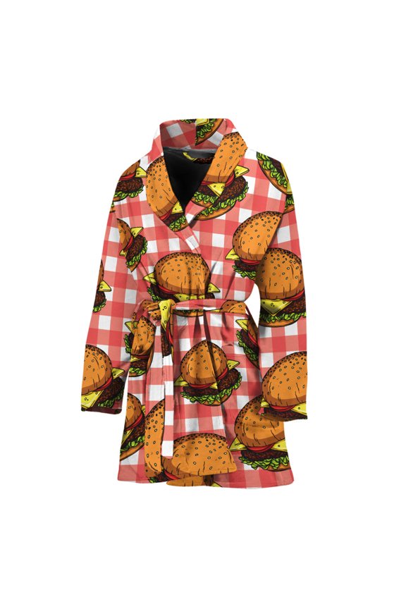Hamburger Plaid Pattern Women Bathrobe One Size Univeral Fits, Checkered Caro Plaid Tartan Fashion Lightweight Plush Fleece Long Robe For Women