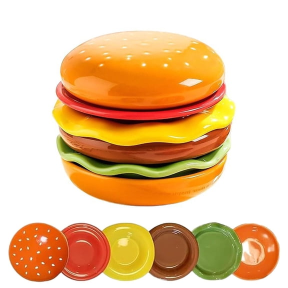 Hamburger Plate Set, Ceramic Hamburger Plates And Bowls Sets, 5-Piece Novelty Stackable Burger Dinnerware Set, Dishwasher Safety