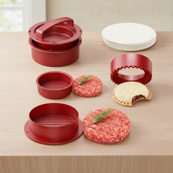 Hamburger Press, 4-in-1 Burger Press Patty Maker Slider, Stuffed Burgers Sandwich Cutter, Meat Beef Veggie Hamburger Patty Mold with 100 pcs Wax Disc Papers