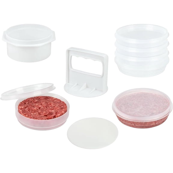 Hamburger Press Patty Maker - 4 in 1, Burger Mold, Patty Press, 10 Storage Containers, 100 Round Papers - Hamburger Patty Maker Tool for BBQ - Burger Shaper for Meat, Veggie Patties