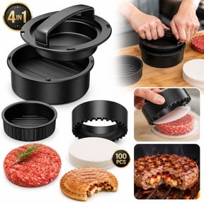 Hamburger Press Patty Maker , 4-in-1 Burger Press for Beef, Veggie & Stuffed Burgers - Includes 100 Wax Paper Discs - Perfect for Sliders, Sandwiches, BBQ, Grilling - Non-Stick Patty Mold with Handle