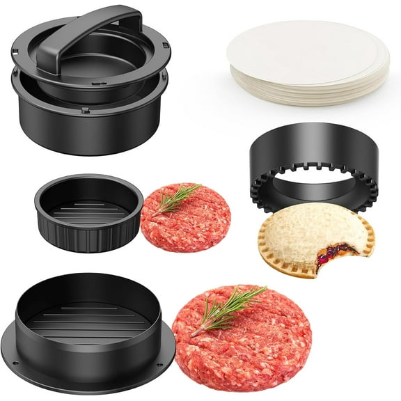 Hamburger Press Patty Maker , 4-in-1 Burger Press for Beef, Veggie & Stuffed Burgers - Includes 100 Wax Paper Discs - Perfect for Sliders, Sandwiches, BBQ, Grilling - Non-Stick Patty Mold with Handle