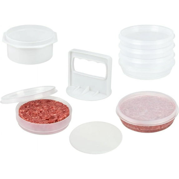 Hamburger Press Patty Maker - 4 in1, Burger Mold, Patty Press, 4 Storage Containers, 100 Round Papers - Hamburger Patty Maker Tool for BBQ - Burger Shaper for Meat, Veggie Patties