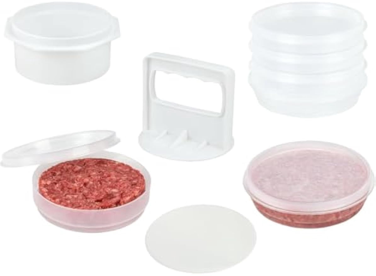 Hamburger Press Patty Maker - 4 in1, Burger Mold, Patty Press, 8 Storage Containers, 100 Round Papers - Hamburger Patty Maker Tool for BBQ - Burger Shaper for Meat, Veggie Patties