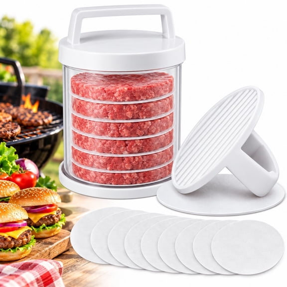Hamburger Press Patty Maker - Non-Stick Burger Mold Shaper with Freezer Storage Container - 10-Piece Set with 9-Layer Plastic Discs for BBQ Grill