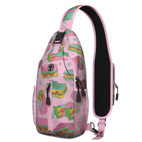 Hamburger Print Sling Backpack, American Food Crossbody Daypack with Burger and Sandwich Artwork for Foodie and Fast Food Lovers
