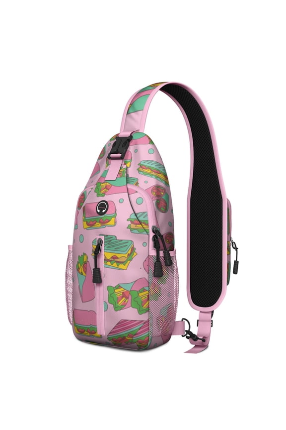 Hamburger Print Sling Backpack, American Food Crossbody Daypack with Burger and Sandwich Artwork for Foodie and Fast Food Lovers