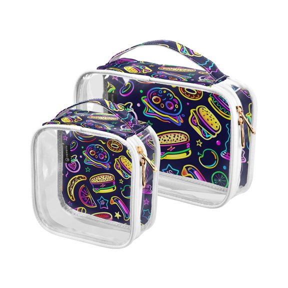 Hamburger Sandwich Fruit Clear Cosmetic Bags with Handles PVC Toiletry Bags Zipper Waterproof Portable for Traveling 2 Pcs