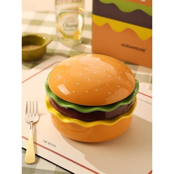 Hamburger Shaped Ceramic Dinnerware Set 5 Pcs, Stackable Creative Bowl and Plate Set, Microwave Safe Cute Tableware, Gift Box Packaging for Birthday Housewarming Holiday Gifts Home Kitchen Decoration