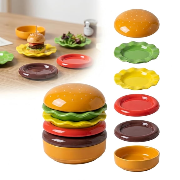 Hamburger Shaped Ceramic Dinnerware Set 6 Pcs, Stackable Creative Bowl and Plate Set, Microwave Safe Cute Tableware, Gift Box Packaging for Birthday Housewarming Holiday Gifts
