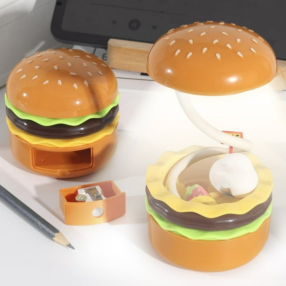 Hamburger Shaped Rechargeable LED Table Lamp, Multicolor Plastic, Size 15x8.2x8.2cm, with Pencil Sharpener, for Children's Room, Reading, and Decoration