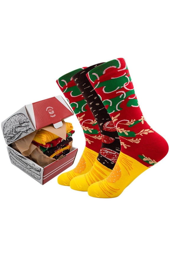 Hamburger Socks 3Pairs Cotton Crew Socks Funny Gift Box Packaging Hamburger Sock Food Pattern All-match Socks for Women Men