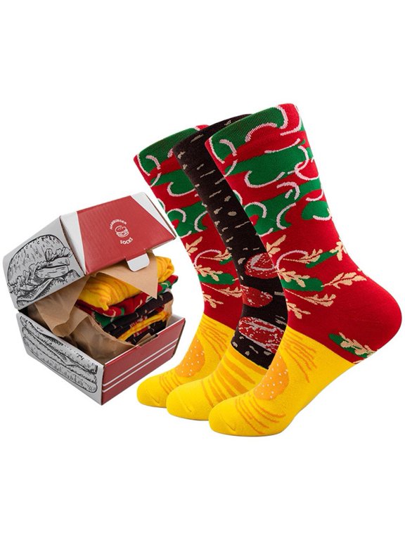 Hamburger Socks 3Pairs Cotton Crew Socks Funny Gift Box Packaging Hamburger Sock Food Pattern All-match Socks for Women Men