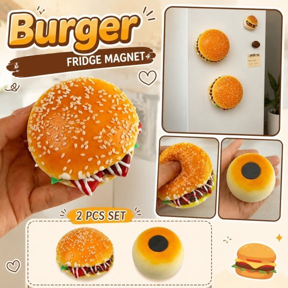 Hamburger Squeeze Fridge Magnets 2-Pack - Soft PU Food-Shaped Refrigerator Magnets, Funny Kitchen Decor