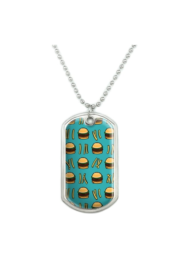 Hamburger and French Fries Pattern Military Dog Tag Pendant Necklace with Chain