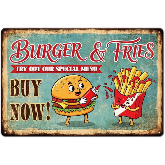 Hamburgers Fries Funny Metal Tin Sign 8x12in "Buy Now" Vintage Painting Tin Signs Wall Poster Plaque for Diner Fast Food Restaurant Kitchen Snack Bar Food Truck Cafeteria