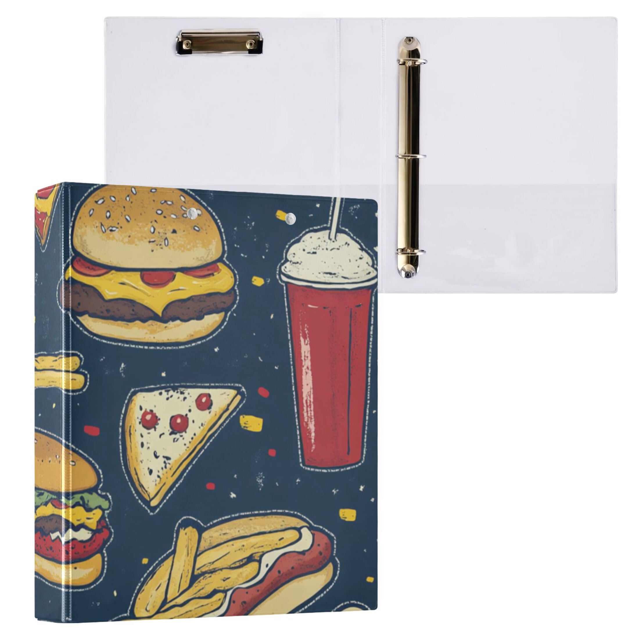 Hamburgers Fries Sandwich 3 Ring Binders 1.5 inch Hardcover File Folders with Interior Pockets A4 Size Organizer for School Office Hospital
