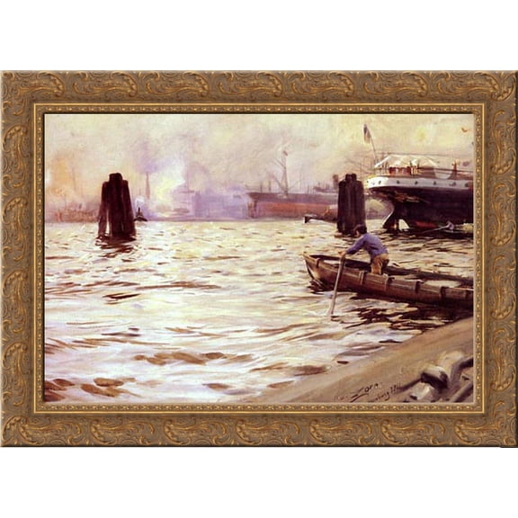 Hamburgs Hamn 24x19 Gold Ornate Wood Framed Canvas Art by Zorn, Anders