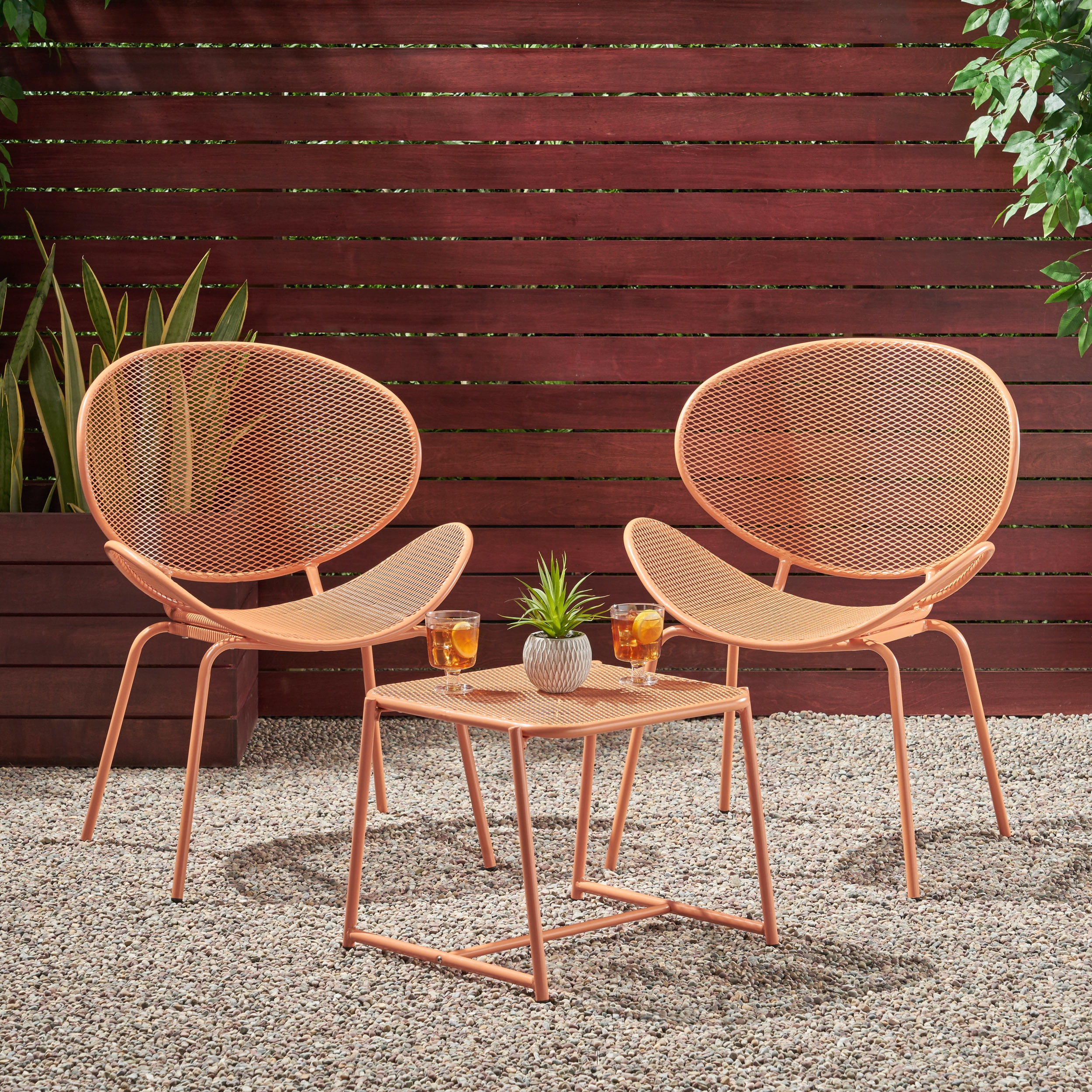 Hamdan Outdoor Modern 2 Seater Iron Chat Set, Matte Orange