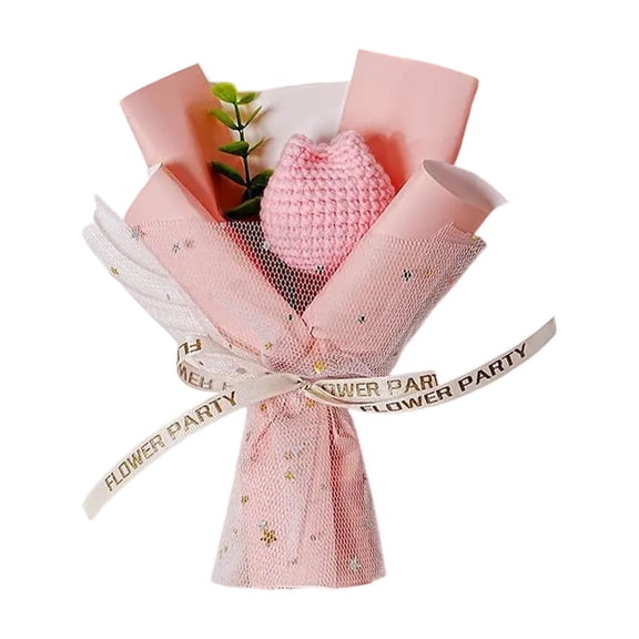 Hamdmade Crochet Tulip Flower Bouquet, Cute Pink Knitted Artificial Flower Gift with Wrapping & Ribbon, Unique Decor for Home, Desk, Wedding, Birthday, Mother's Day