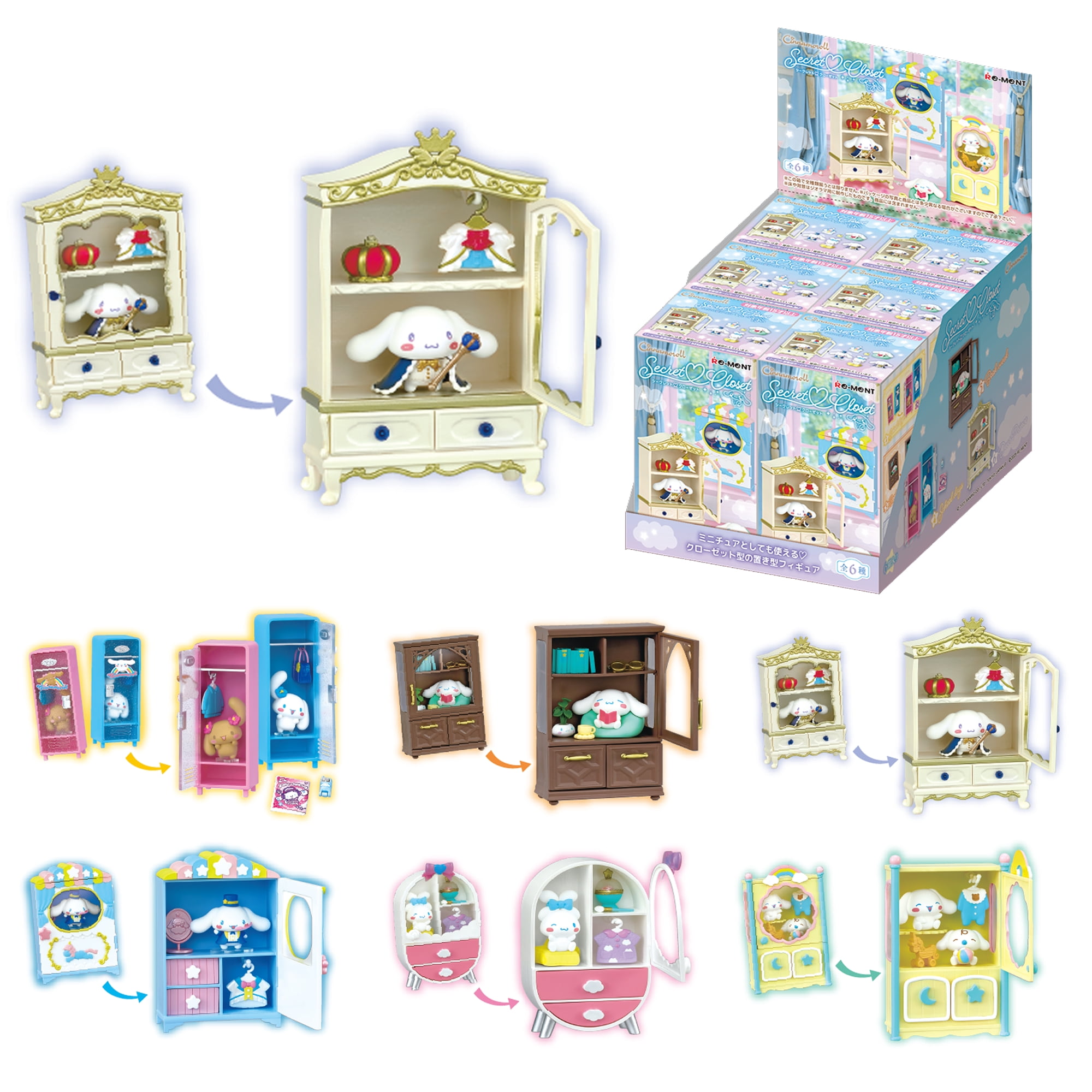 Hamee RE-MENT Hello Kitty and Friends Blind Box Diorama Miniature Figure Set for Birthday Gift, Party Favor, Collectible Figurine, Sanrio Fan (Cinnamoroll Secret Closet) – 6 Pc. (Full Set)